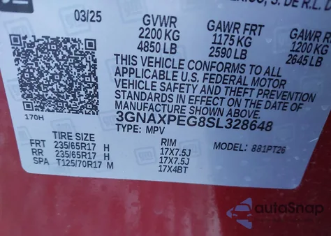 2025 Chevrolet Equinox Awd Lt z USA, uszkodzony, nr VIN 3GNAXPEG8SL328648